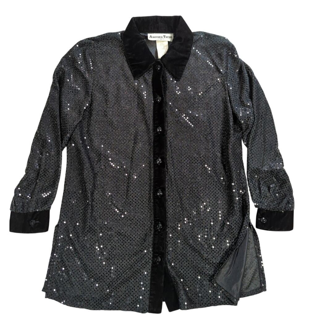 VTG Another Thyme Sequin Blouse Medium Black Sheer Button Front Party Top USA